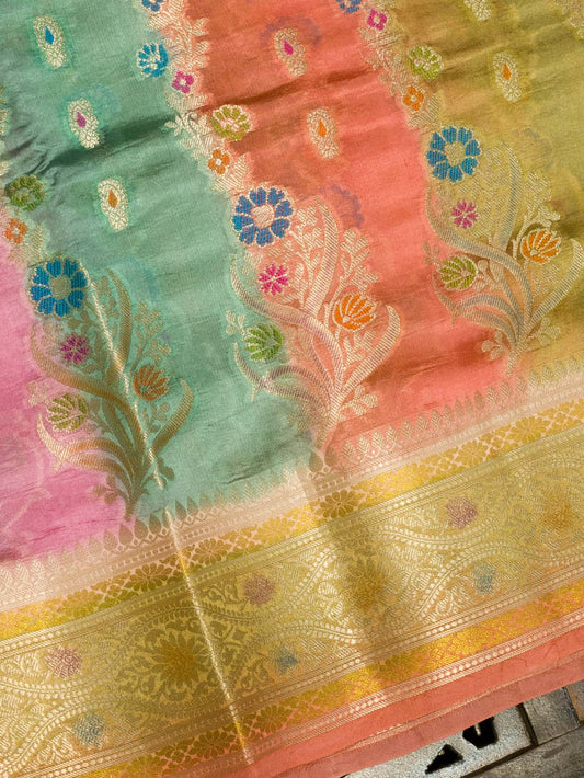 Multicolor Pastel Hues Pure Dupion Silk Saree with Zari Tilfi Meenakari & Hand Rangkaat