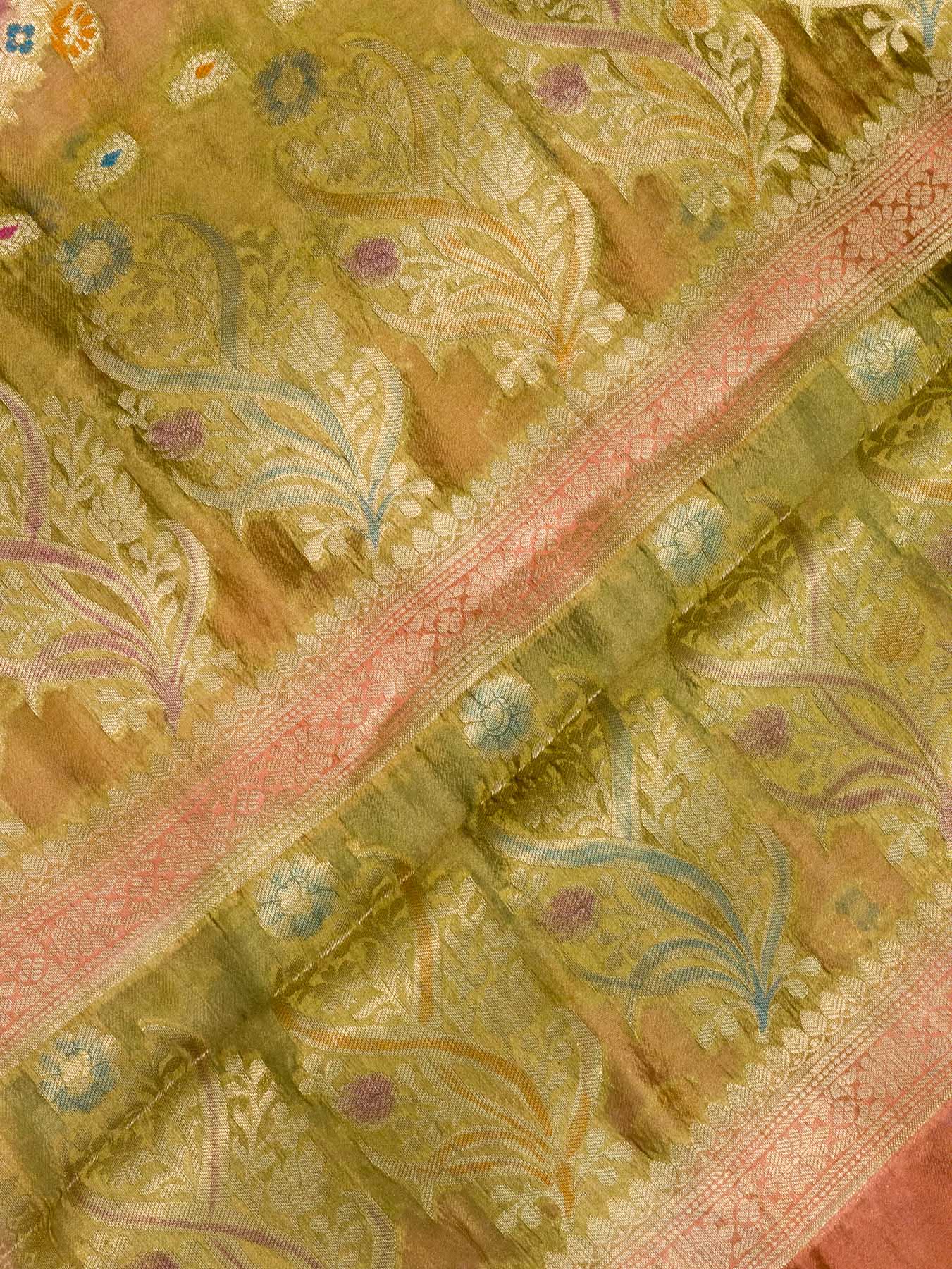 Multicolor Pastel Hues Pure Dupion Silk Saree with Zari Tilfi Meenakari & Hand Rangkaat