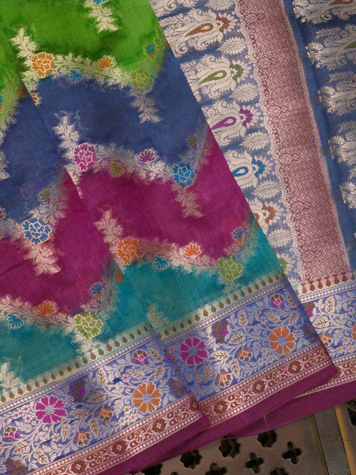 Multicolor Dark Hues Pure Dupion Silk Saree with Zari Tilfi Meenakari & Hand Rangkaat