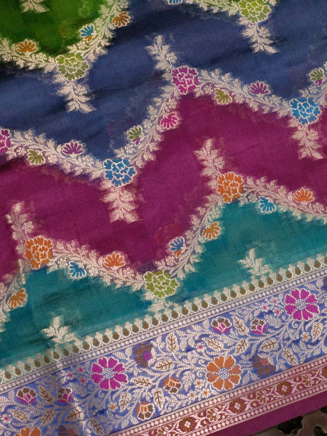 Multicolor Dark Hues Pure Dupion Silk Saree with Zari Tilfi Meenakari & Hand Rangkaat