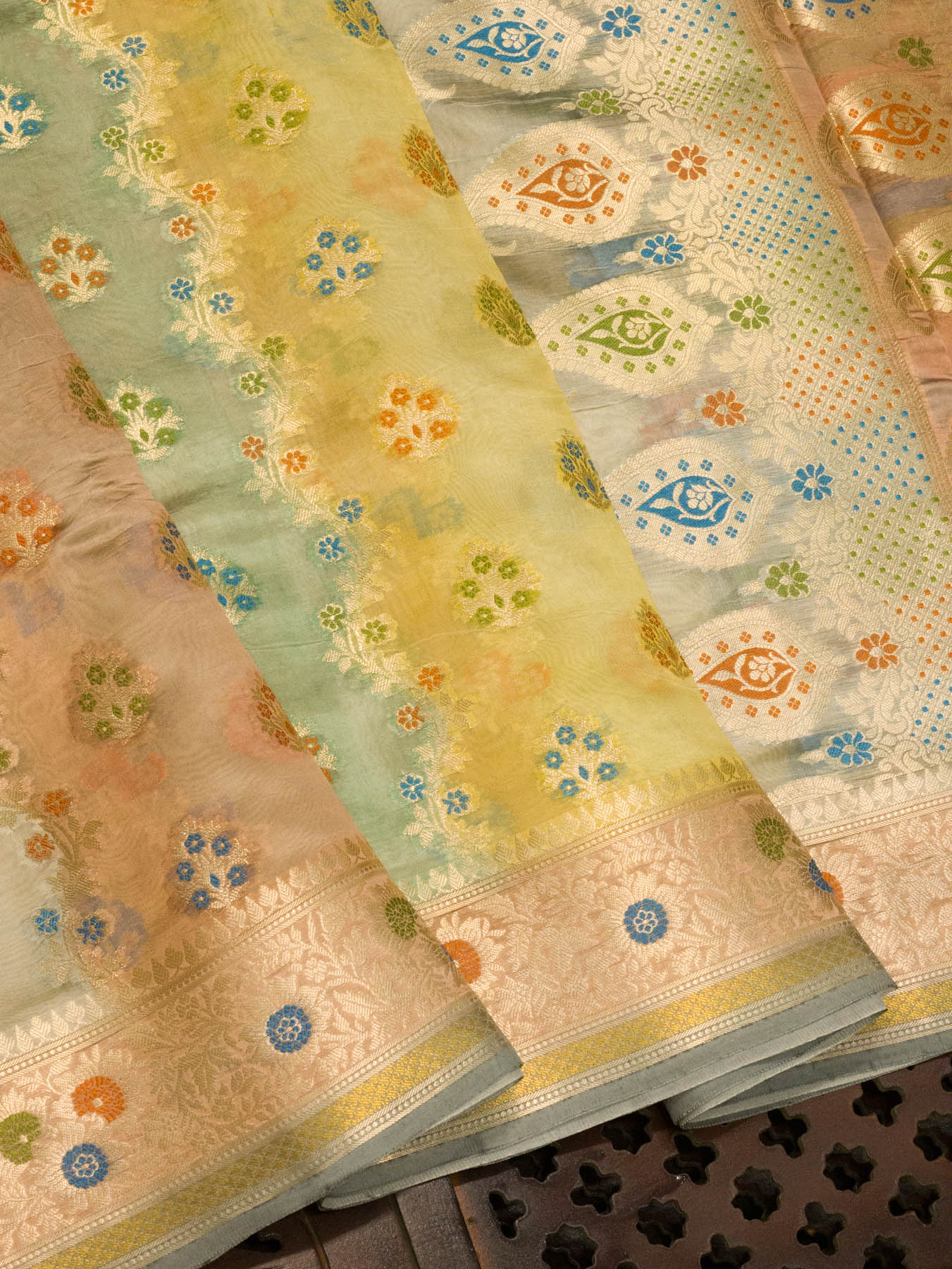 Multicolor Pastel Hues Pure Dupion Silk Saree with Zari Tilfi Meenakari & Hand Rangkaat