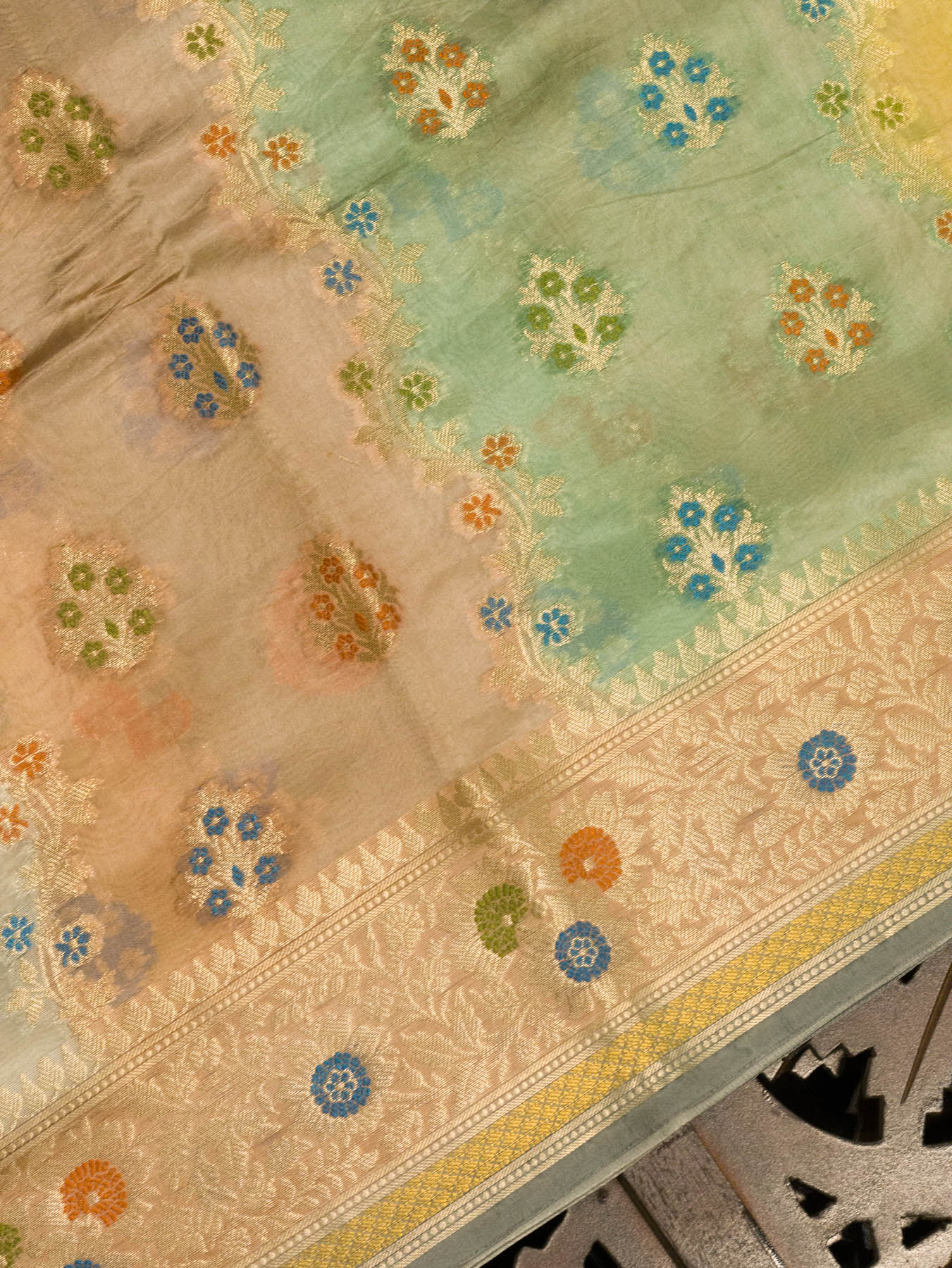 Multicolor Pastel Hues Pure Dupion Silk Saree with Zari Tilfi Meenakari & Hand Rangkaat