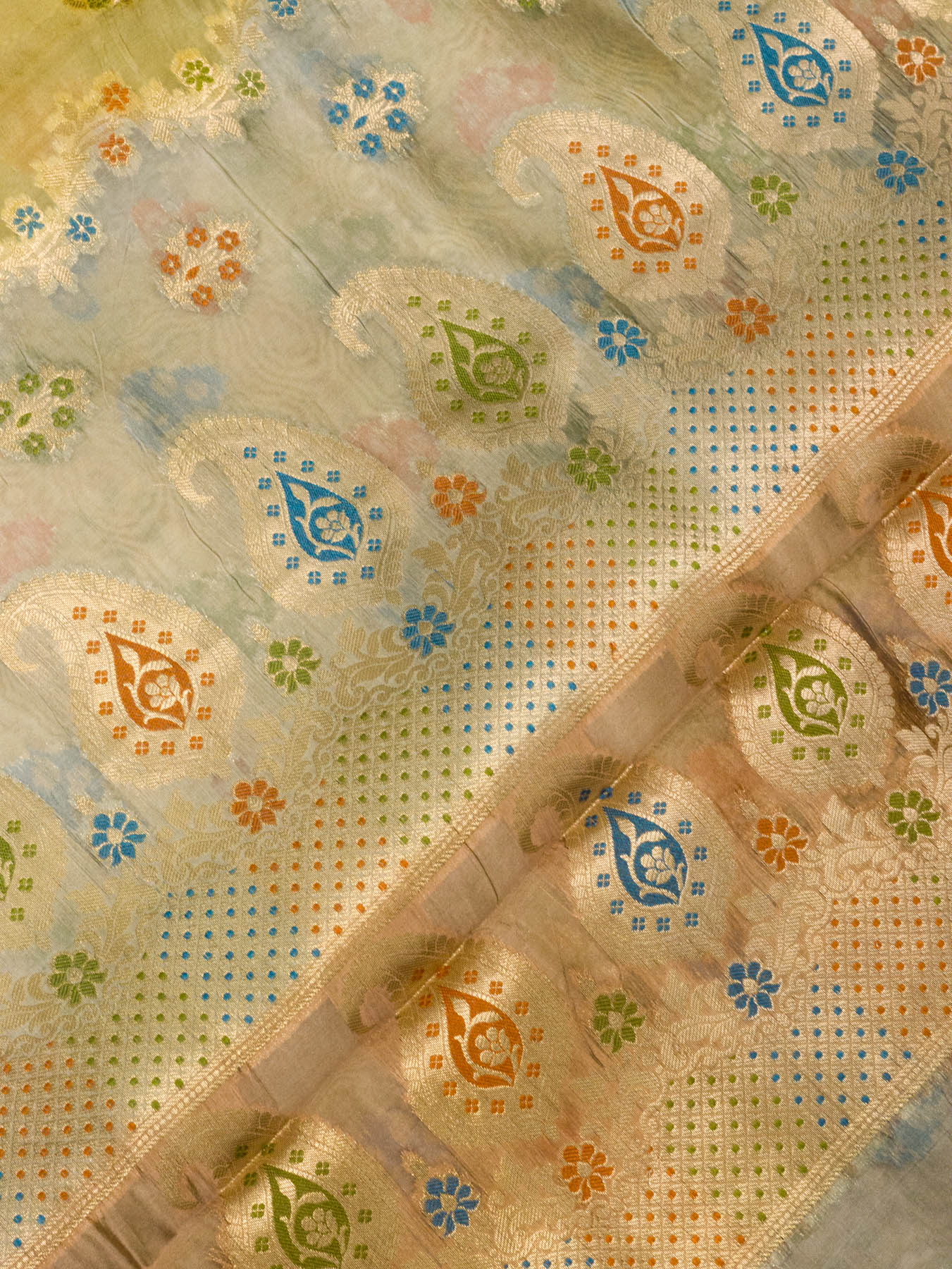 Multicolor Pastel Hues Pure Dupion Silk Saree with Zari Tilfi Meenakari & Hand Rangkaat