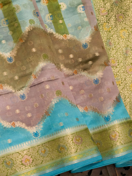 Multicolor Pure Dupion Silk Saree with Zari Tilfi Meenakari & Hand Rangkaat