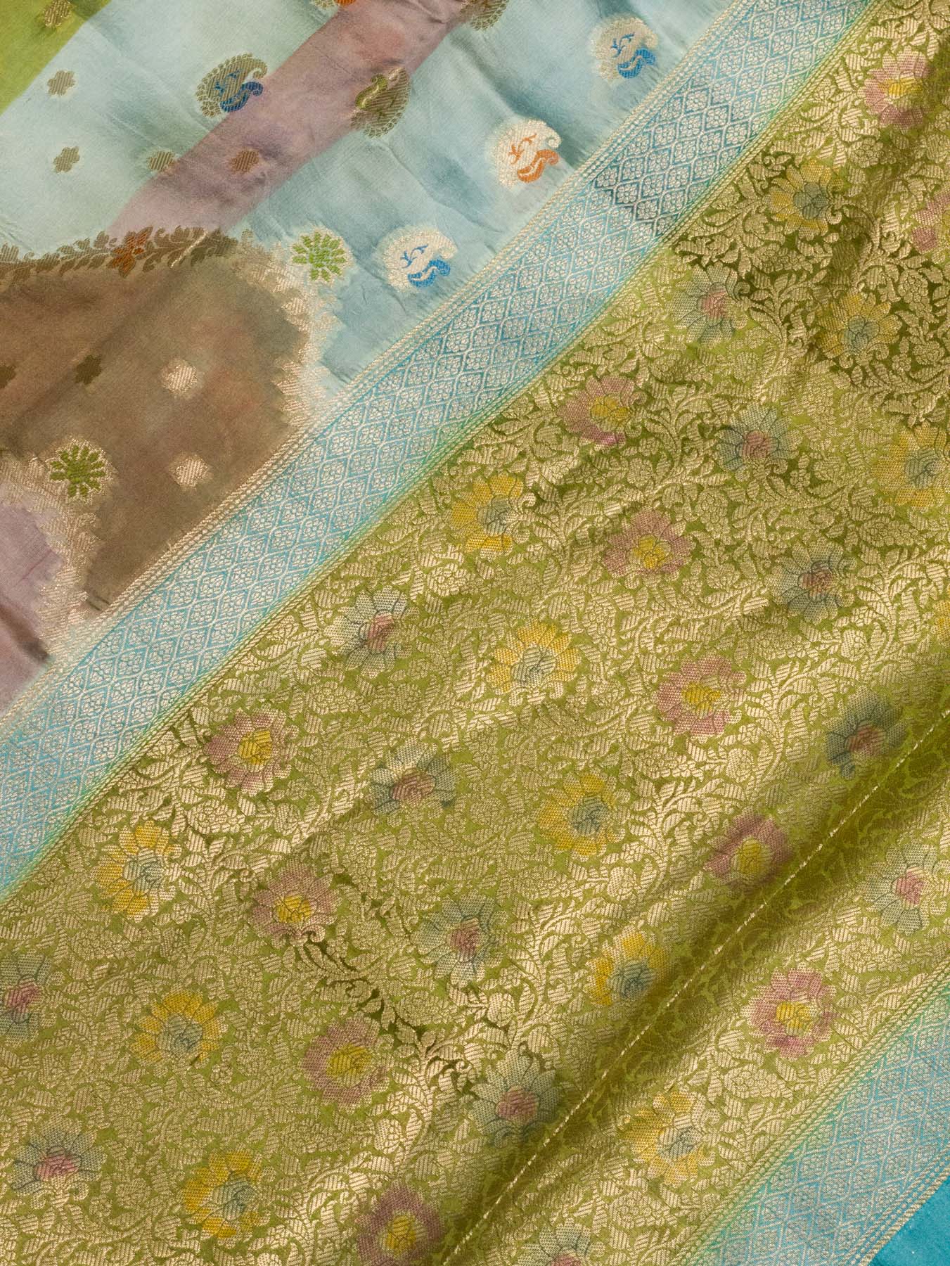 Multicolor Pure Dupion Silk Saree with Zari Tilfi Meenakari & Hand Rangkaat