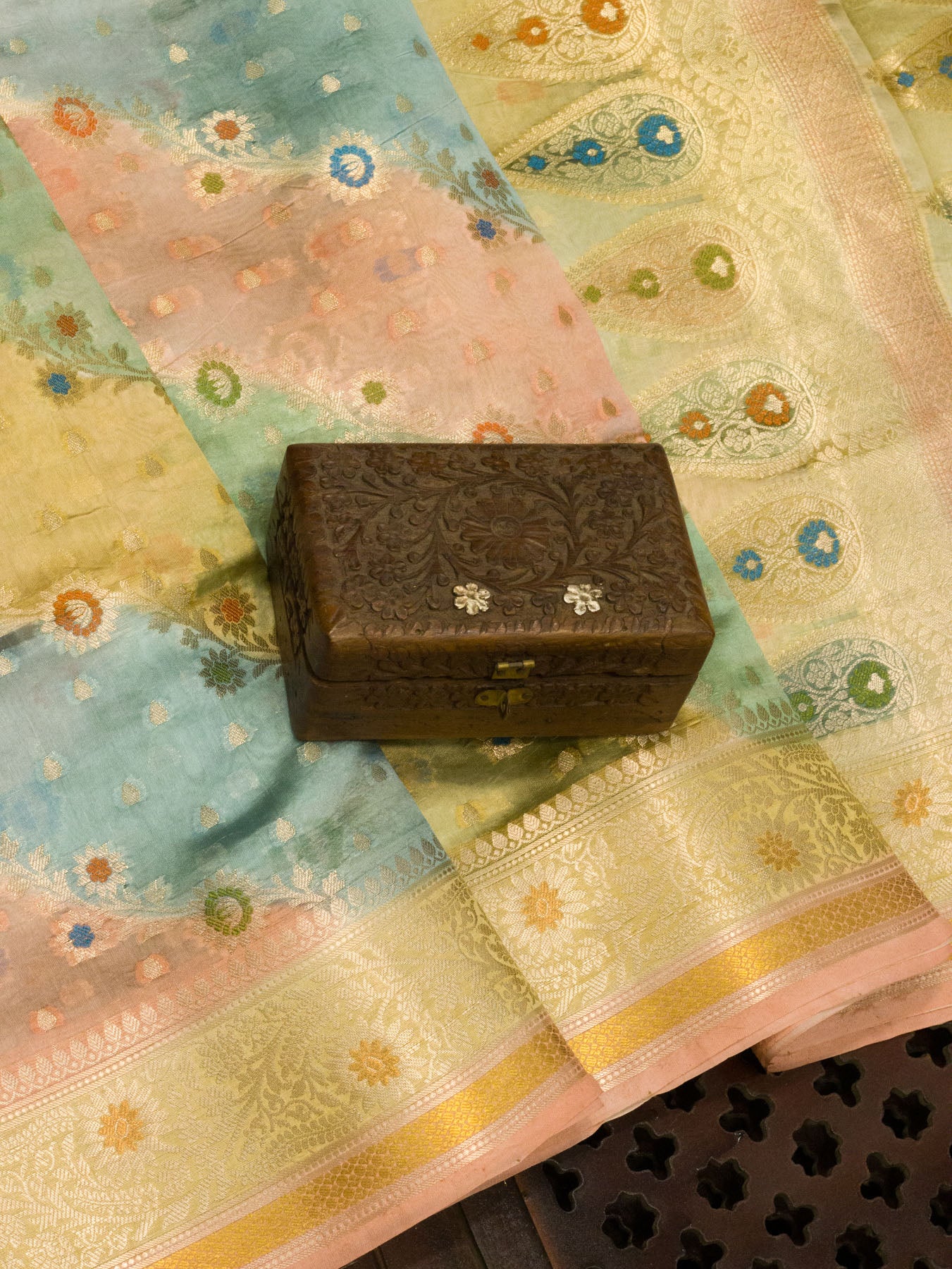Multicolor Pastel Hues Pure Dupion Silk Saree with Zari Tilfi Meenakari & Hand Rangkaat