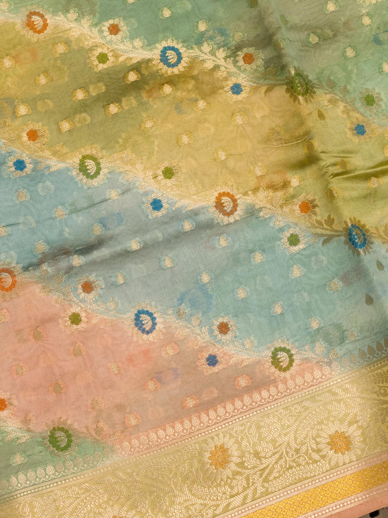 Multicolor Pastel Hues Pure Dupion Silk Saree with Zari Tilfi Meenakari & Hand Rangkaat