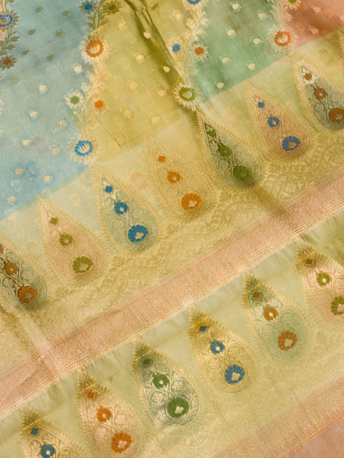 Multicolor Pastel Hues Pure Dupion Silk Saree with Zari Tilfi Meenakari & Hand Rangkaat