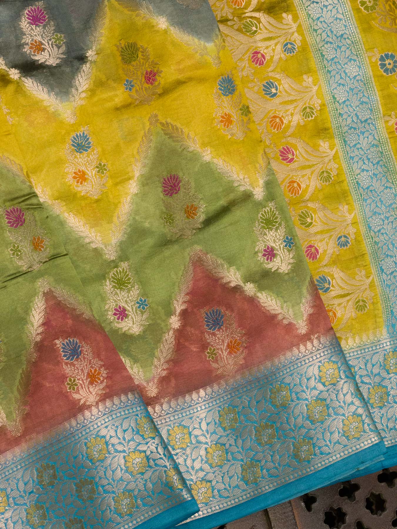 Multicolor Dark Hues Pure Dupion Silk Saree with Zari Tilfi Meenakari & Hand Rangkaat