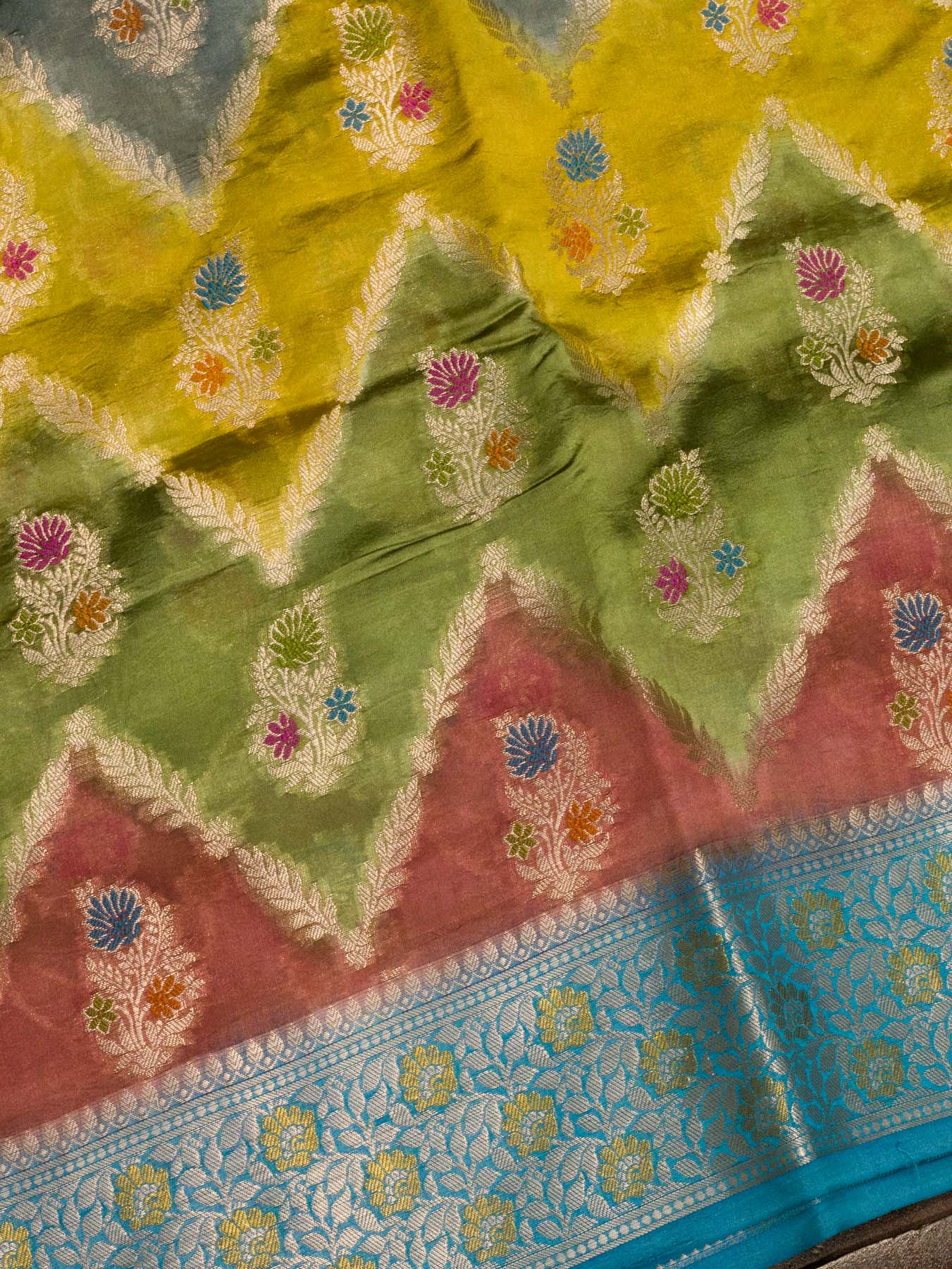 Multicolor Dark Hues Pure Dupion Silk Saree with Zari Tilfi Meenakari & Hand Rangkaat