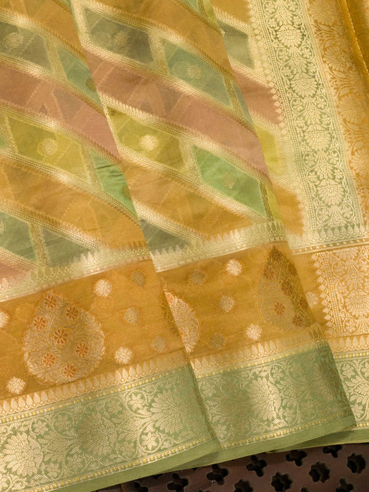 Multicolor Pastel Hues Pure Dupion Silk Saree with Zari Tilfi Meenakari & Hand Rangkaat
