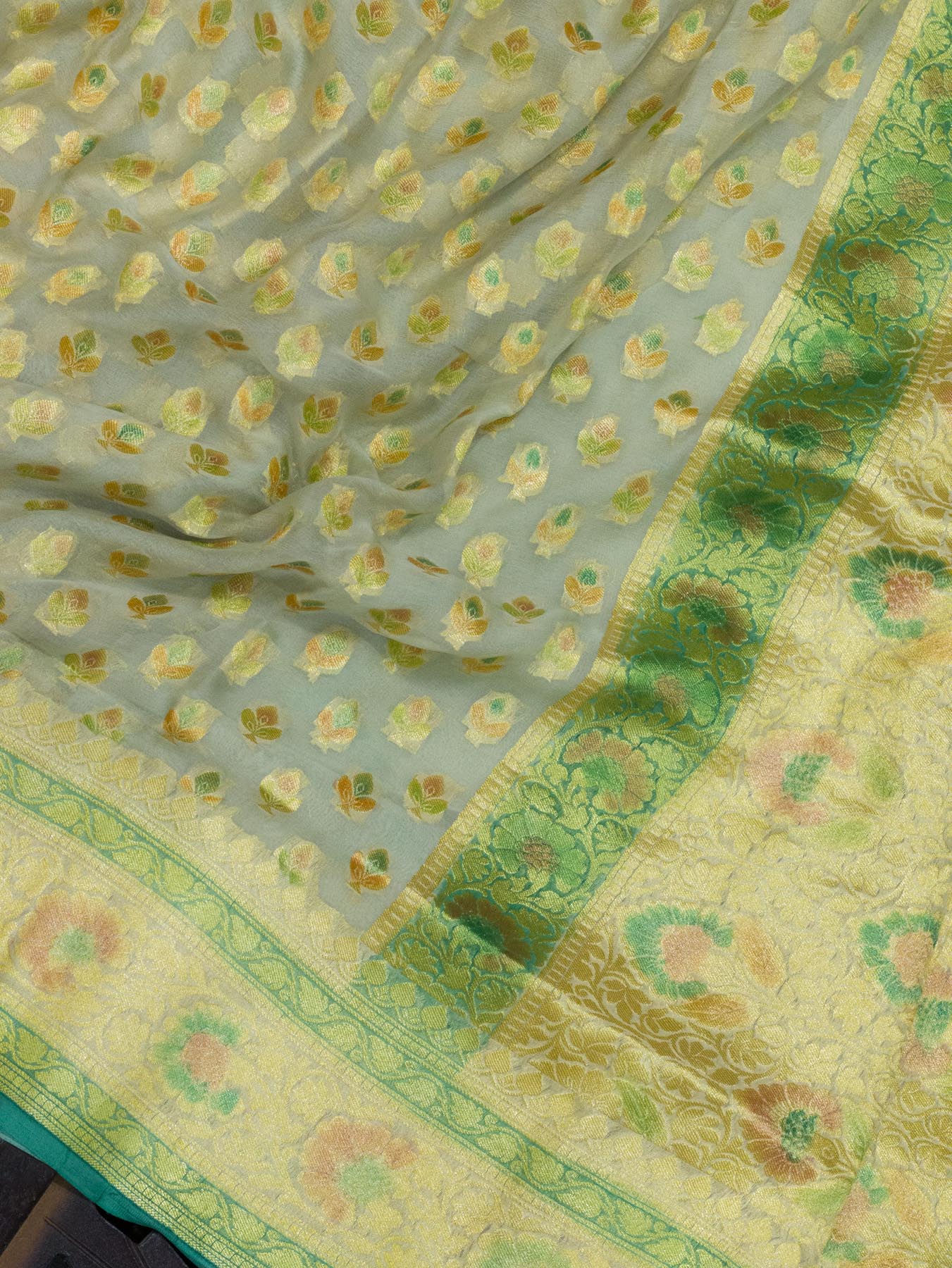 Pistachio Green Pure Khaddi Georgette Silk Saree with Hand Brush Woven & Water Reshmi Zari