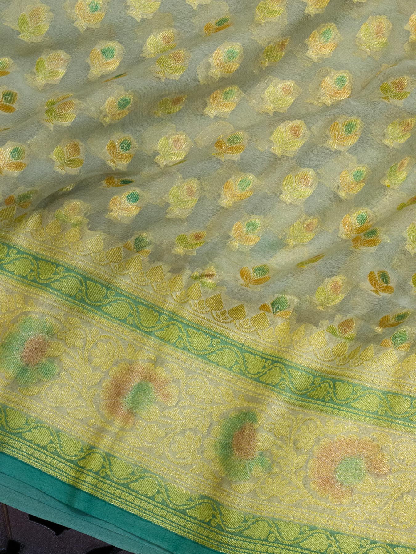 Pistachio Green Pure Khaddi Georgette Silk Saree with Hand Brush Woven & Water Reshmi Zari
