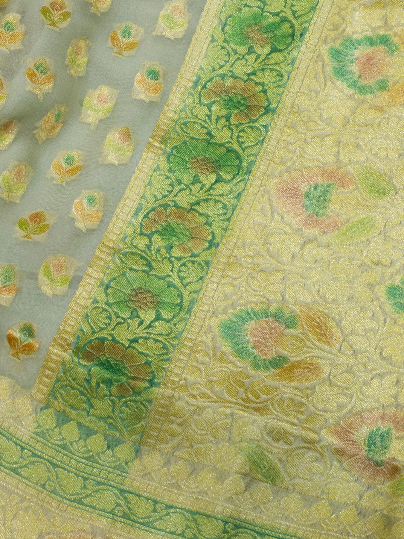 Pistachio Green Pure Khaddi Georgette Silk Saree with Hand Brush Woven & Water Reshmi Zari