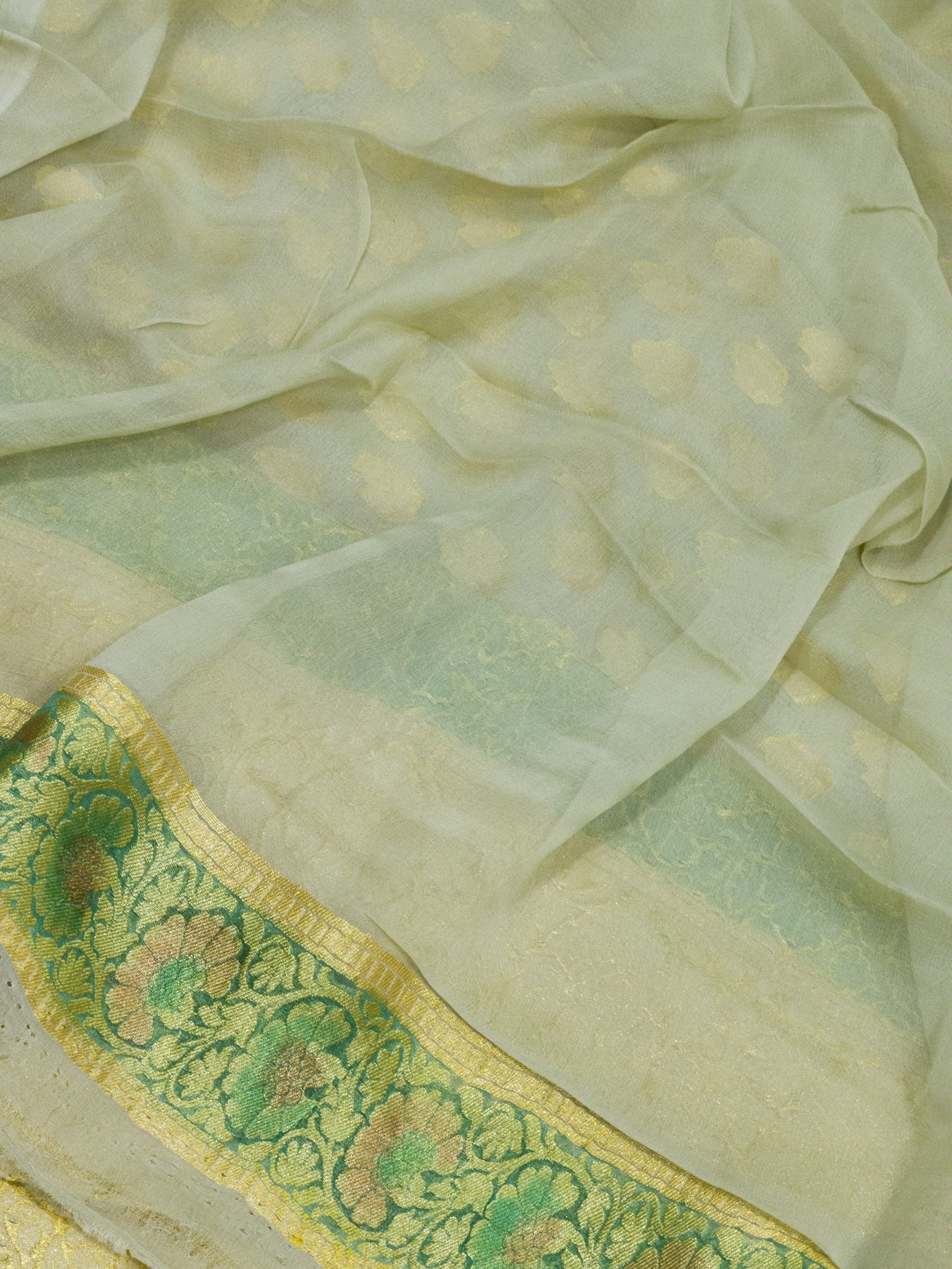 Pistachio Green Pure Khaddi Georgette Silk Saree with Hand Brush Woven & Water Reshmi Zari
