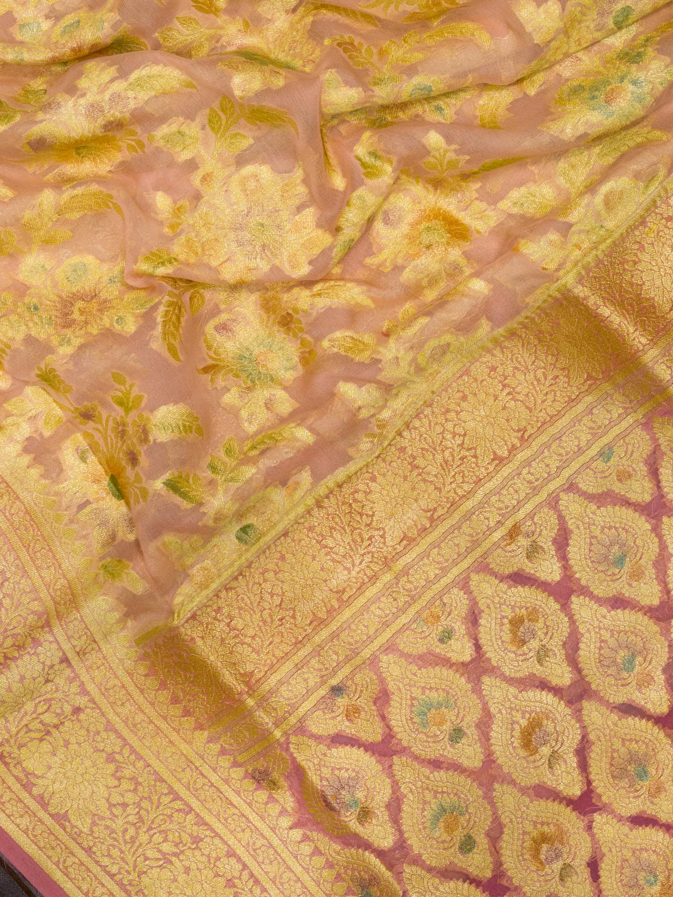 Peach Pink Pure Khaddi Georgette Silk Saree with Hand Brush Woven & Water Reshmi Zari