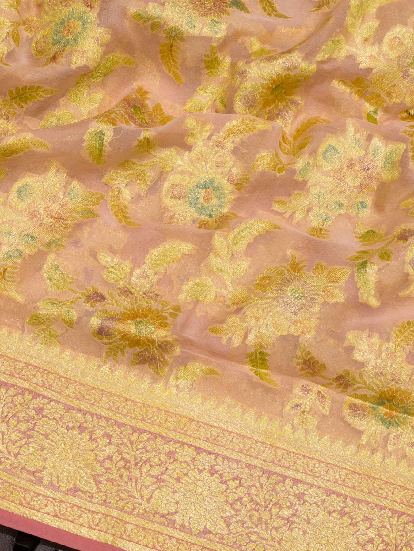 Peach Pink Pure Khaddi Georgette Silk Saree with Hand Brush Woven & Water Reshmi Zari