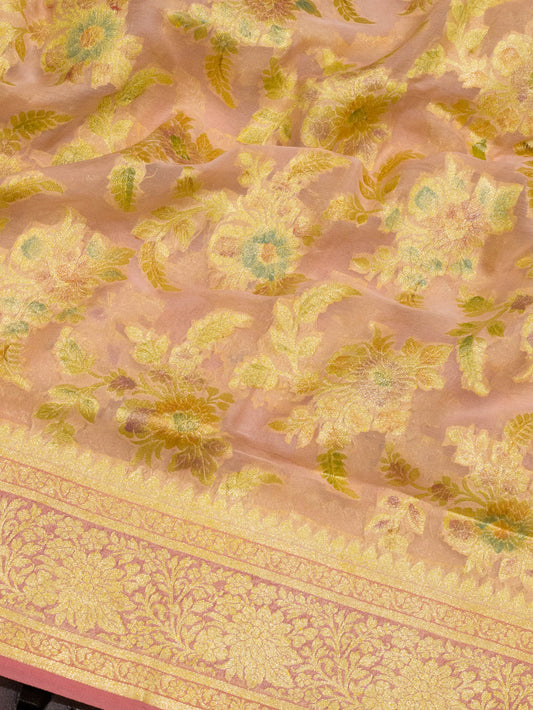 Peach Pink Pure Khaddi Georgette Silk Saree with Hand Brush Woven & Water Reshmi Zari