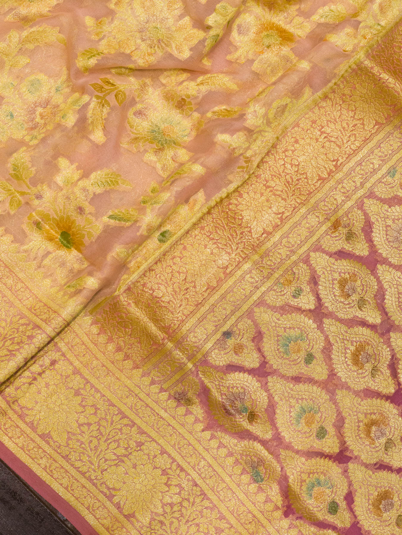 Peach Pink Pure Khaddi Georgette Silk Saree with Hand Brush Woven & Water Reshmi Zari