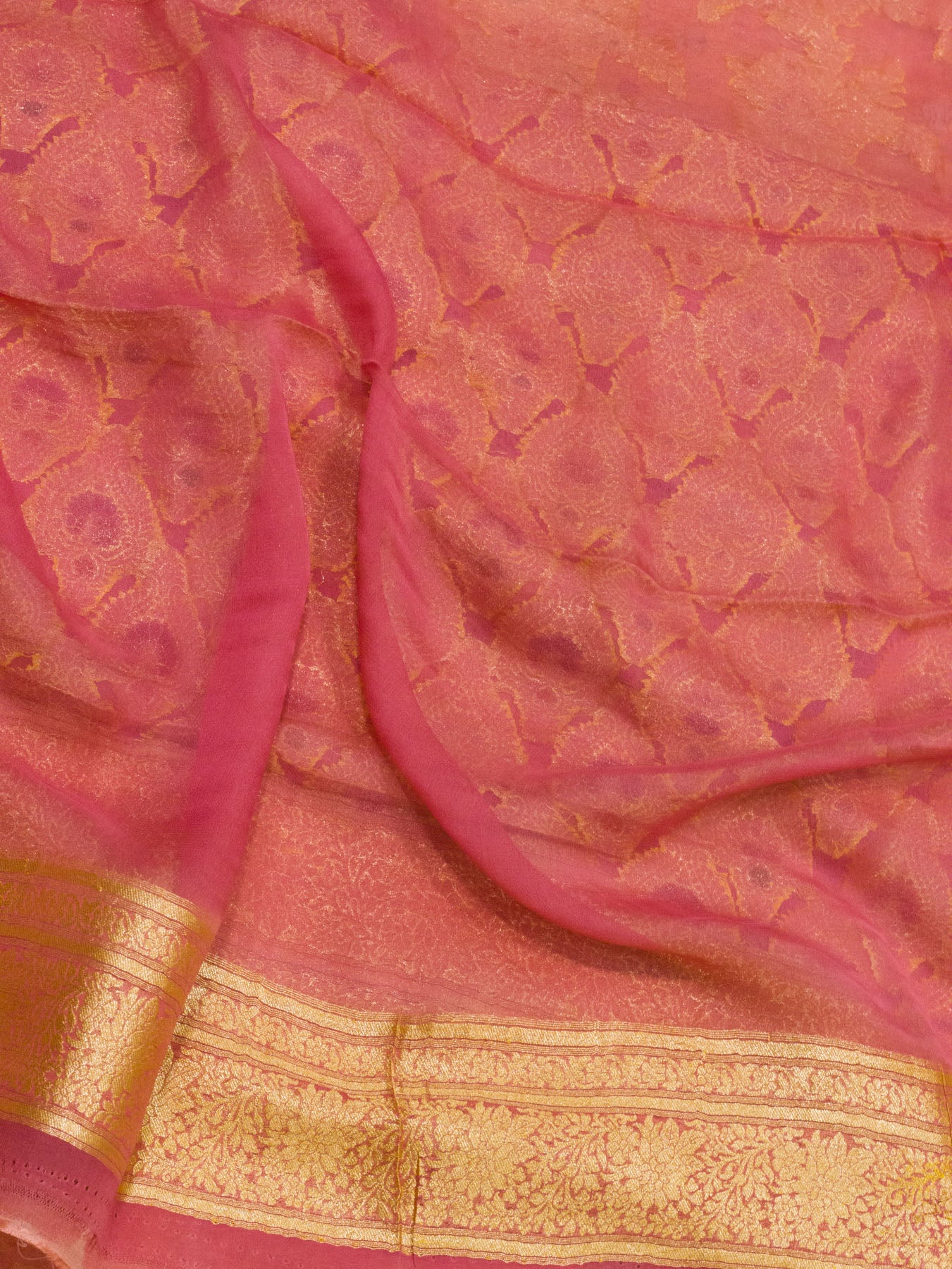 Peach Pink Pure Khaddi Georgette Silk Saree with Hand Brush Woven & Water Reshmi Zari
