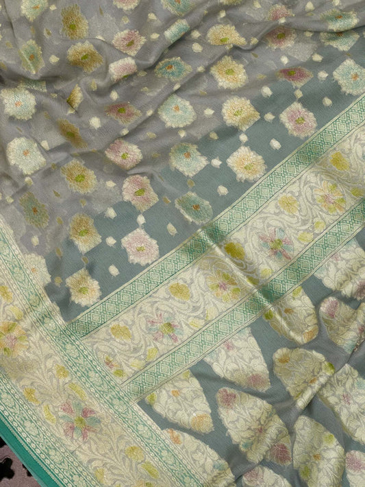 Blue Grey Pure Khaddi Georgette Silk Saree with Hand Brush Woven & Water Reshmi Zari