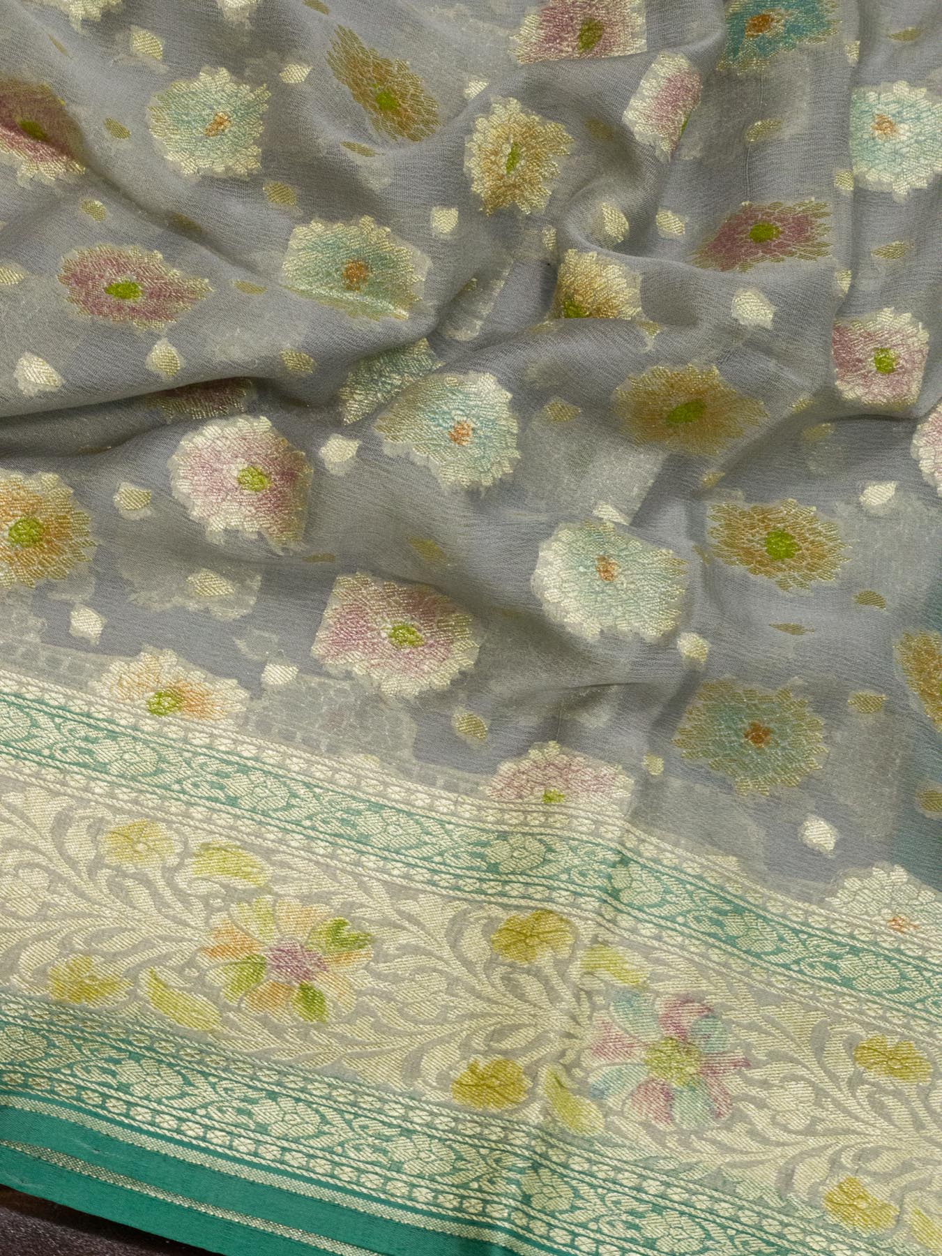 Blue Grey Pure Khaddi Georgette Silk Saree with Hand Brush Woven & Water Reshmi Zari