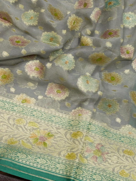 Blue Grey Pure Khaddi Georgette Silk Saree with Hand Brush Woven & Water Reshmi Zari