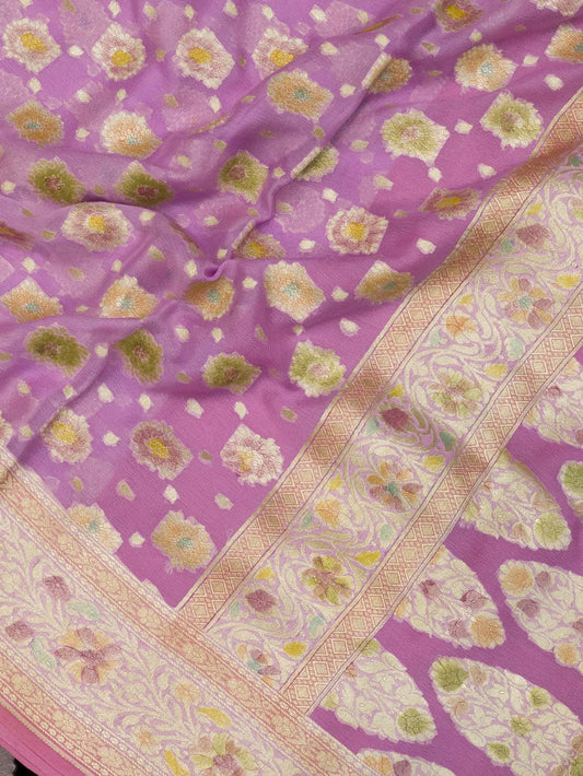 Lavender Pure Khaddi Georgette Silk Saree with Hand Brush Woven & Water Reshmi Zari