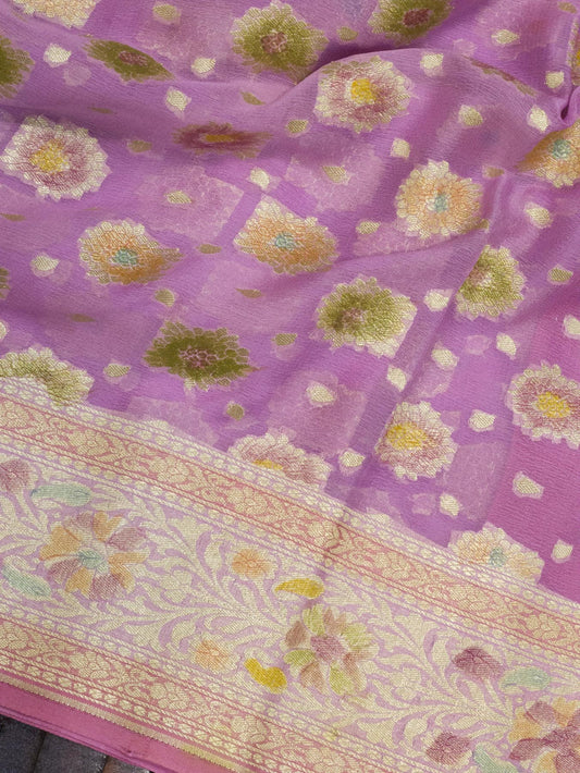 Lavender Pure Khaddi Georgette Silk Saree with Hand Brush Woven & Water Reshmi Zari