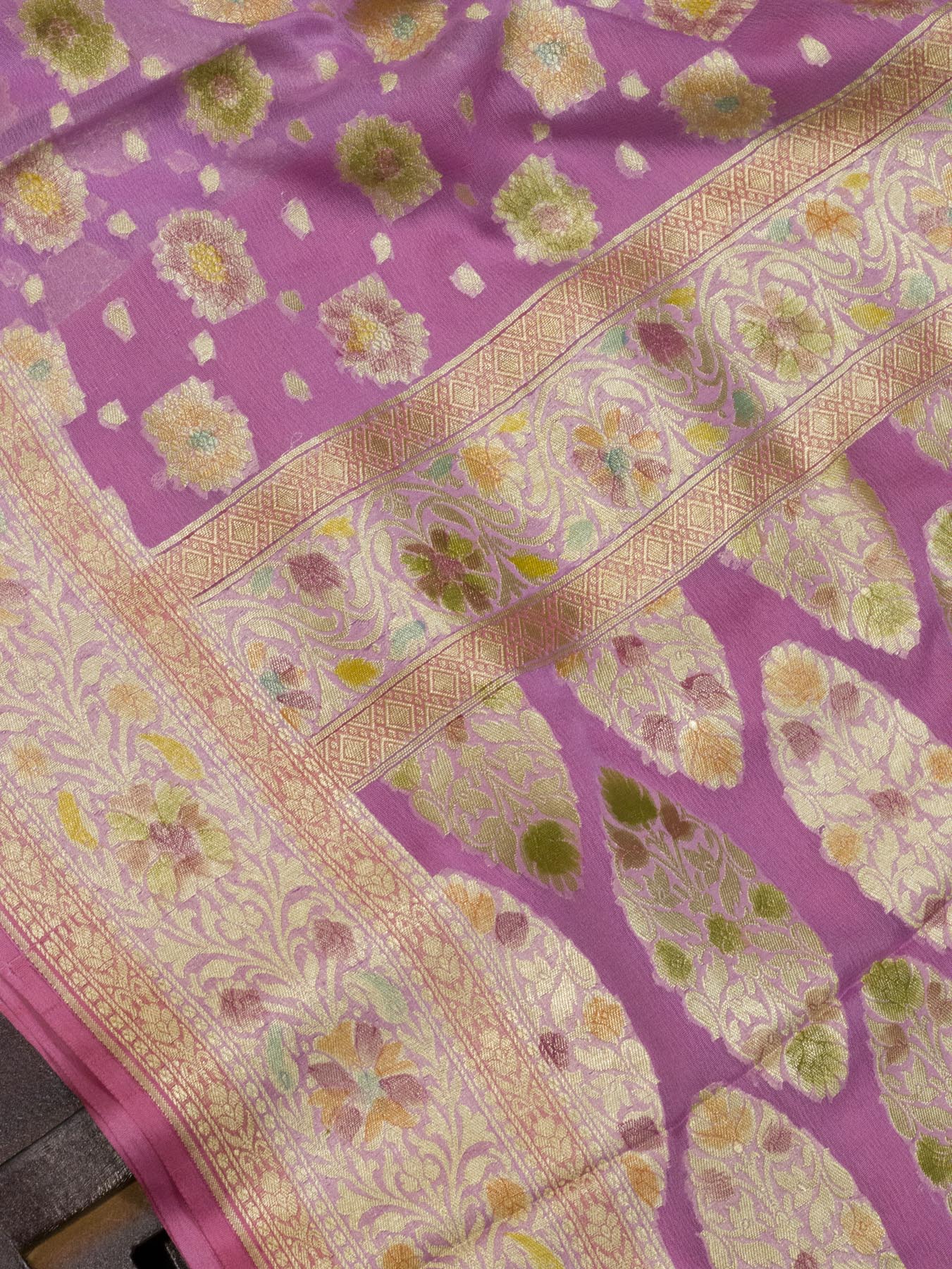 Lavender Pure Khaddi Georgette Silk Saree with Hand Brush Woven & Water Reshmi Zari