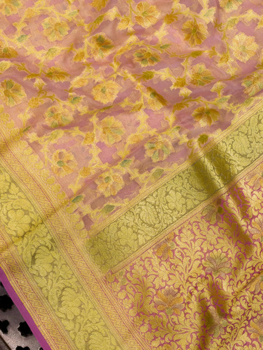 Baby Pink Pure Khaddi Georgette Silk Saree with Hand Brush Woven & Water Reshmi Zari