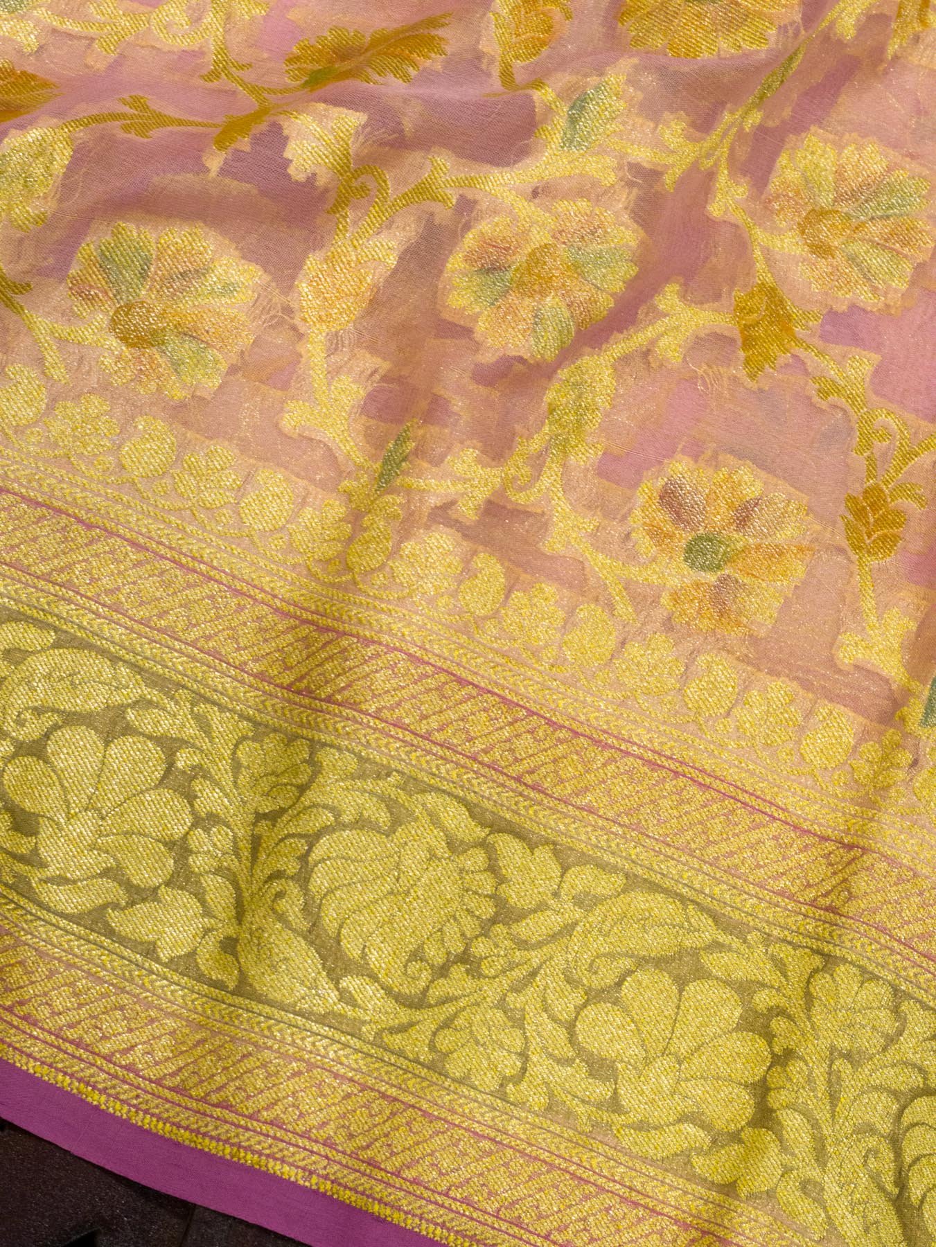 Baby Pink Pure Khaddi Georgette Silk Saree with Hand Brush Woven & Water Reshmi Zari