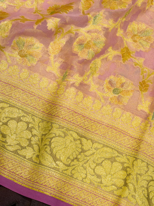Baby Pink Pure Khaddi Georgette Silk Saree with Hand Brush Woven & Water Reshmi Zari