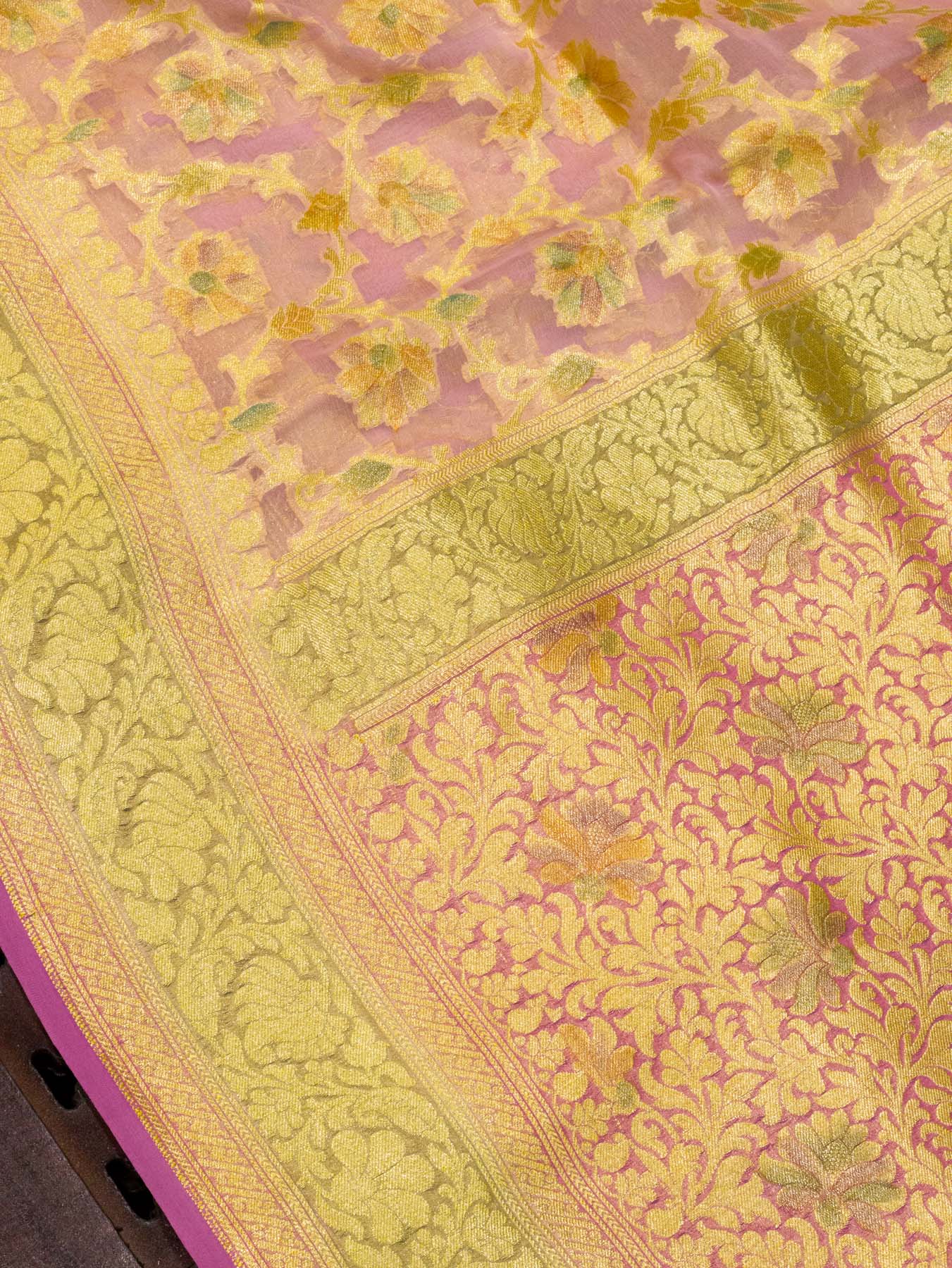 Baby Pink Pure Khaddi Georgette Silk Saree with Hand Brush Woven & Water Reshmi Zari