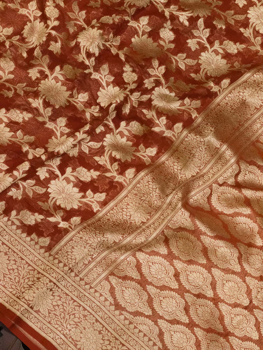 Rust Pure Khaddi Georgette Silk Saree with Water Reshmi Zari Weaving