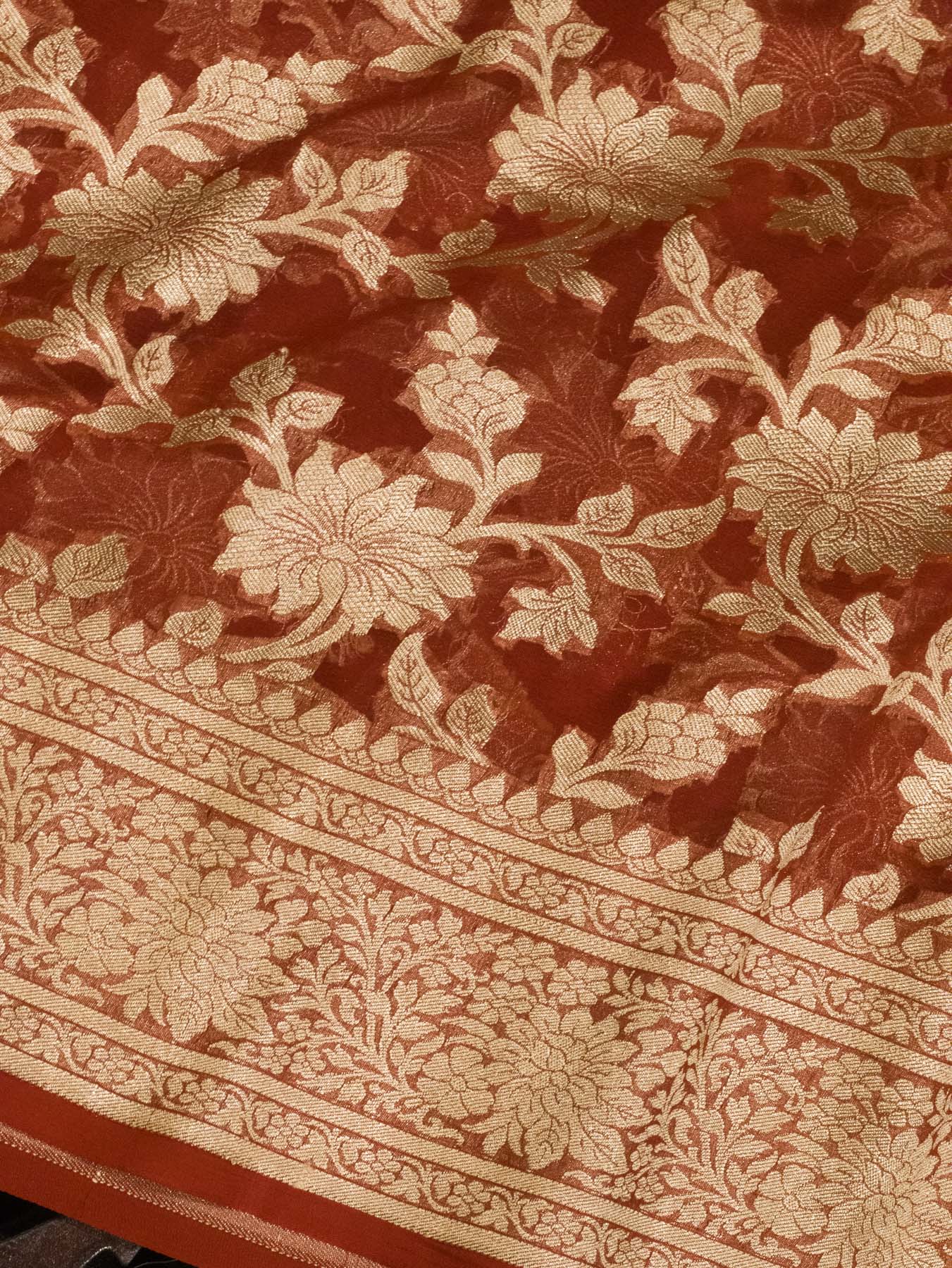 Rust Pure Khaddi Georgette Silk Saree with Water Reshmi Zari Weaving