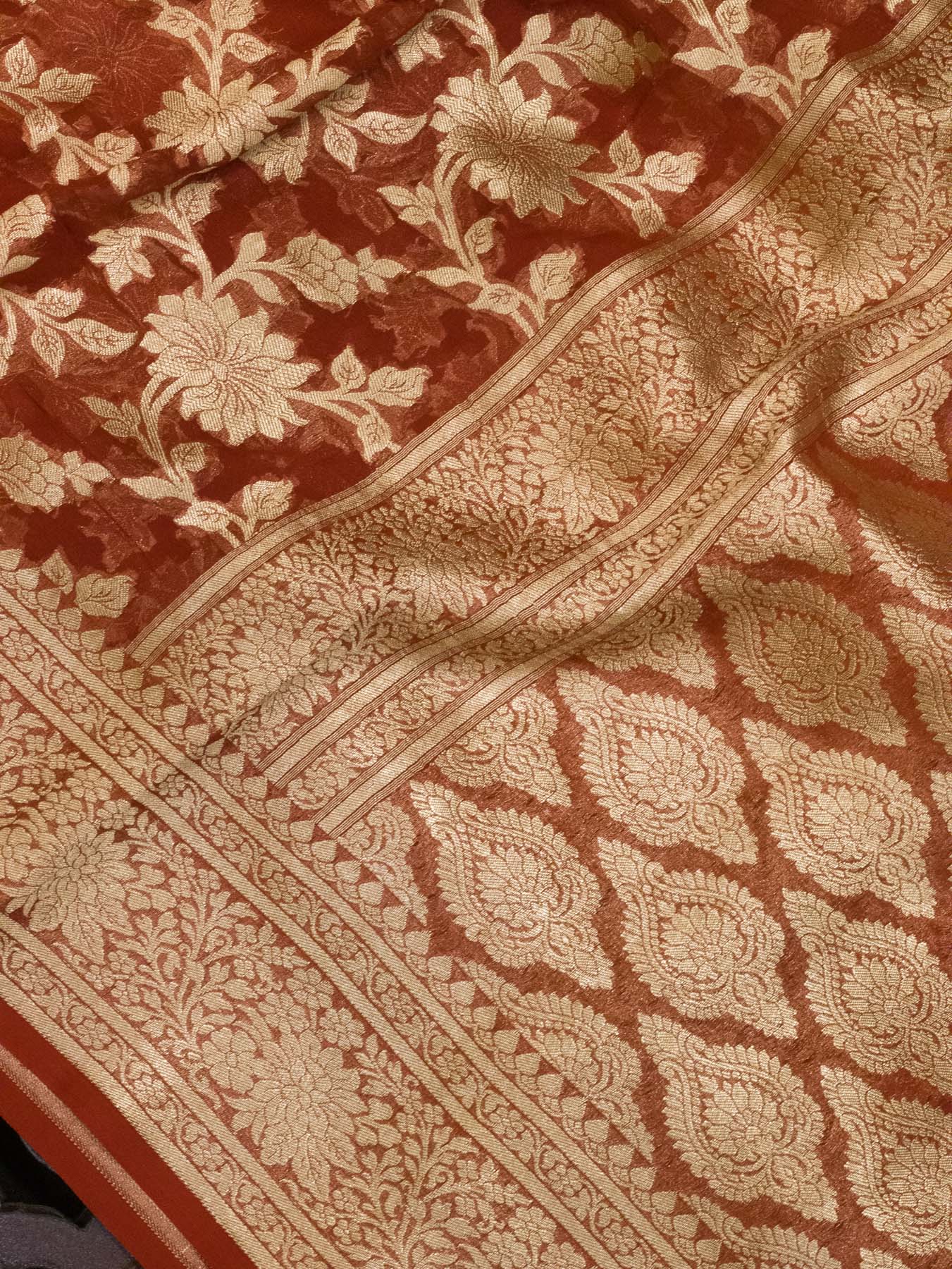 Rust Pure Khaddi Georgette Silk Saree with Water Reshmi Zari Weaving