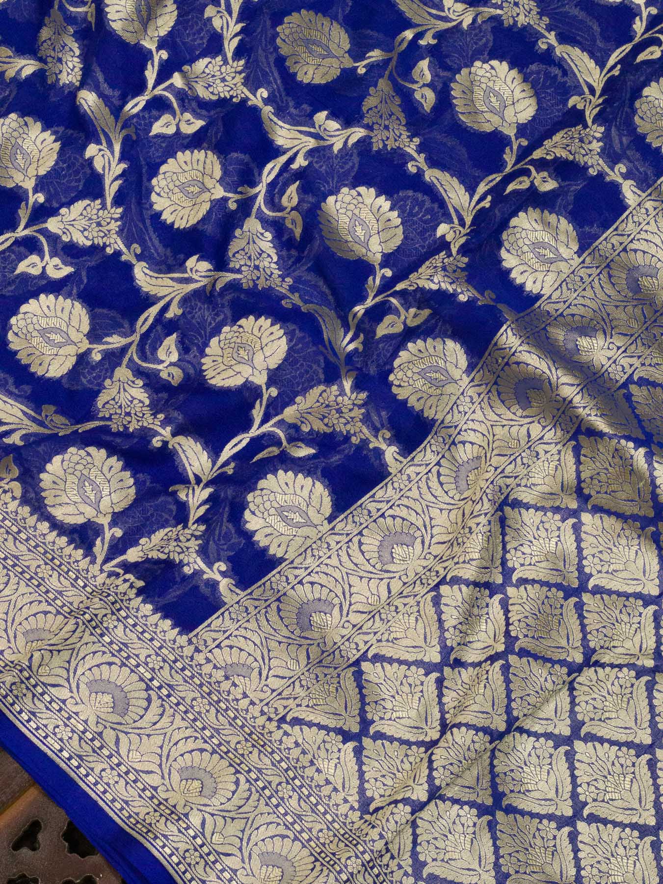 Indigo Blue Pure Khaddi Georgette Silk Saree with Water Reshmi Zari Weaving