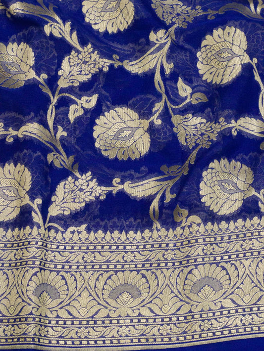 Indigo Blue Pure Khaddi Georgette Silk Saree with Water Reshmi Zari Weaving