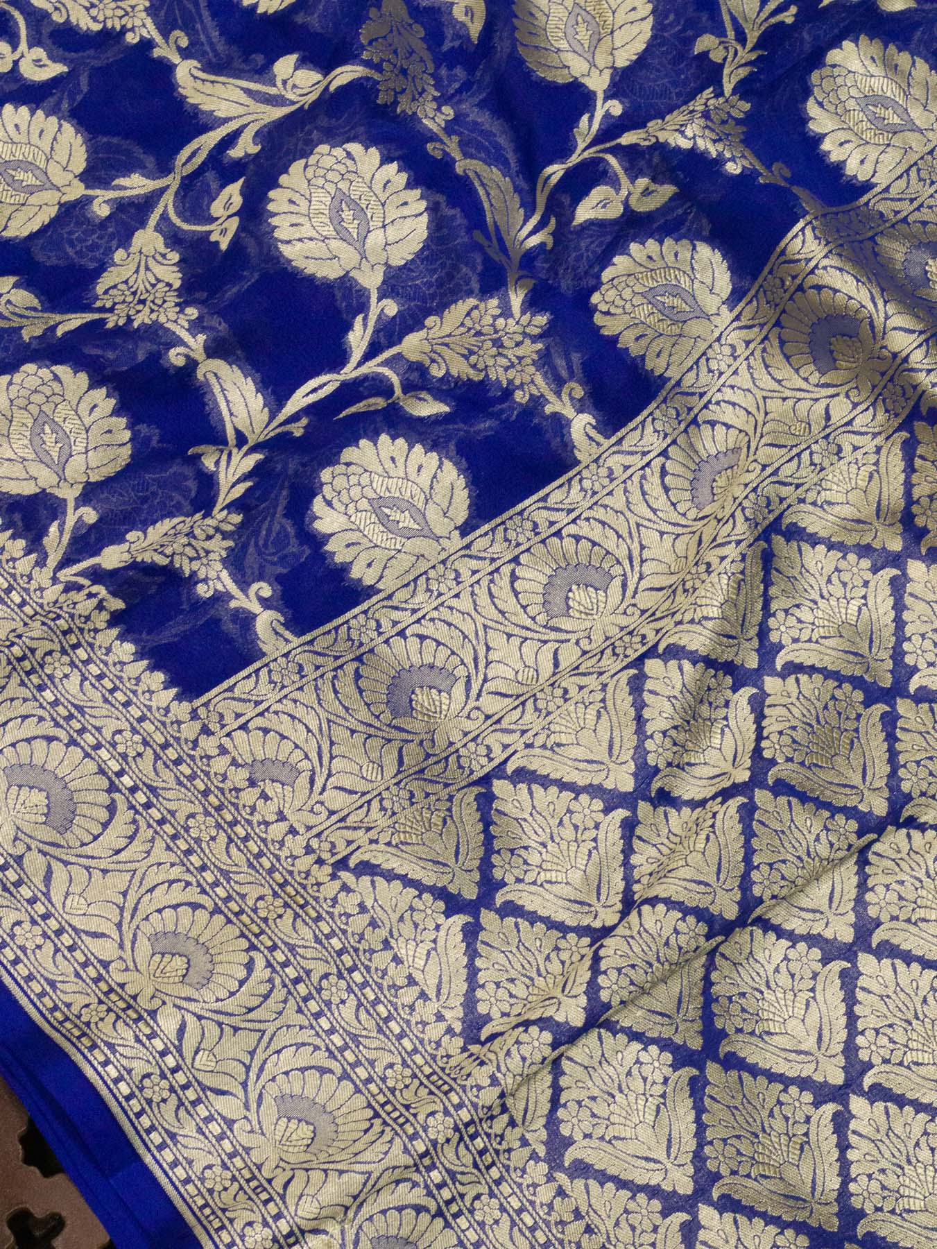 Indigo Blue Pure Khaddi Georgette Silk Saree with Water Reshmi Zari Weaving
