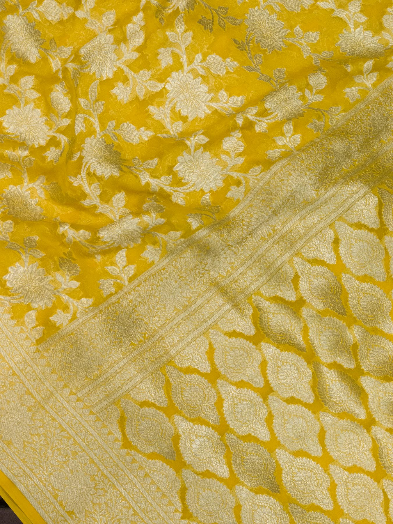 Mustard Yellow Pure Khaddi Georgette Silk Saree with Water Reshmi Zari Weaving