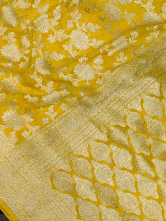 Mustard Yellow Pure Khaddi Georgette Silk Saree with Water Reshmi Zari Weaving