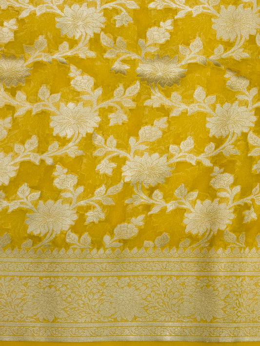 Mustard Yellow Pure Khaddi Georgette Silk Saree with Water Reshmi Zari Weaving
