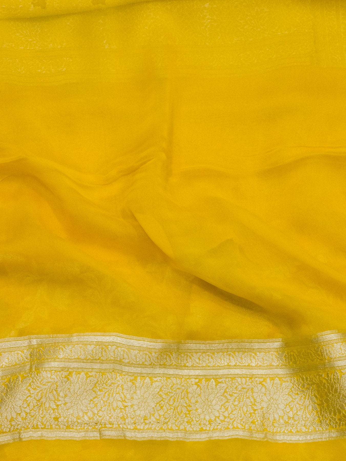 Mustard Yellow Pure Khaddi Georgette Silk Saree with Water Reshmi Zari Weaving
