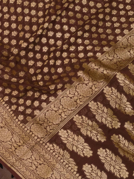 Walnut Brown  Pure Khaddi Georgette Silk Saree with Water Reshmi Zari Weaving