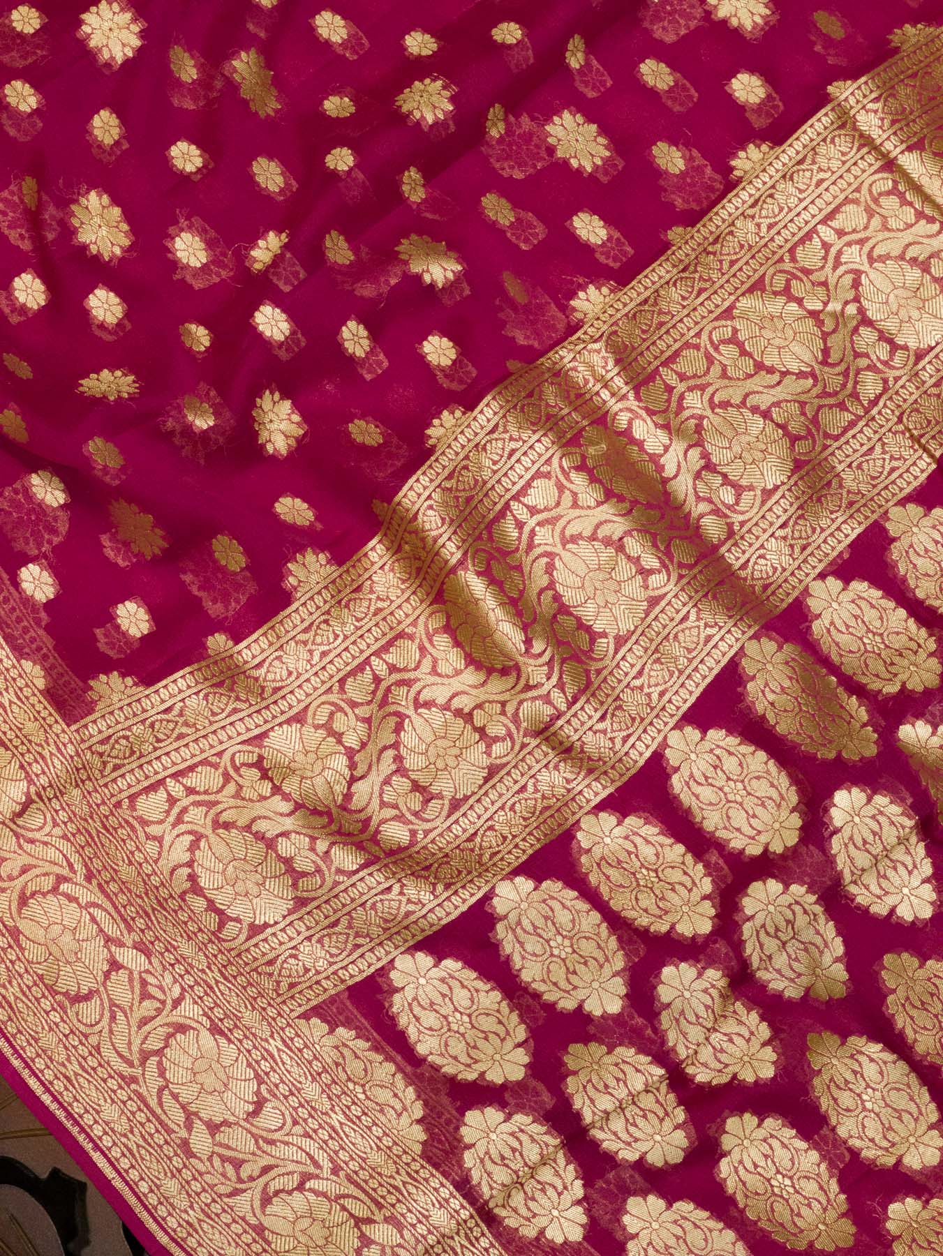 Raspberry Pink Pure Khaddi Georgette Silk Saree with Water Reshmi Zari Weaving