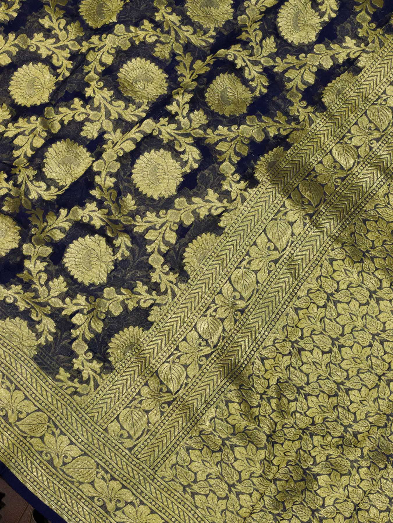 Navy Blue Pure Khaddi Georgette Silk Saree with Water Reshmi Zari Weaving