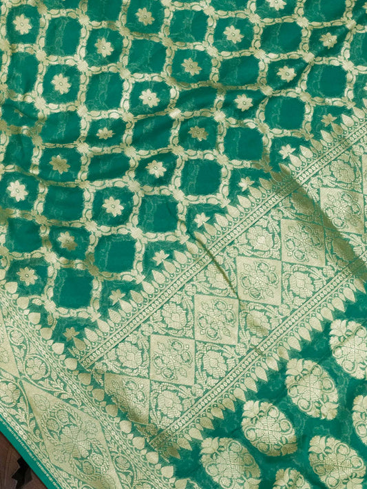 Emerald Green Pure Khaddi Georgette Silk Saree with Water Reshmi Zari Weaving