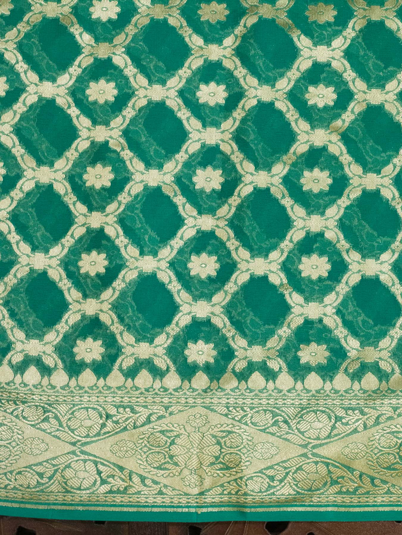 Emerald Green Pure Khaddi Georgette Silk Saree with Water Reshmi Zari Weaving