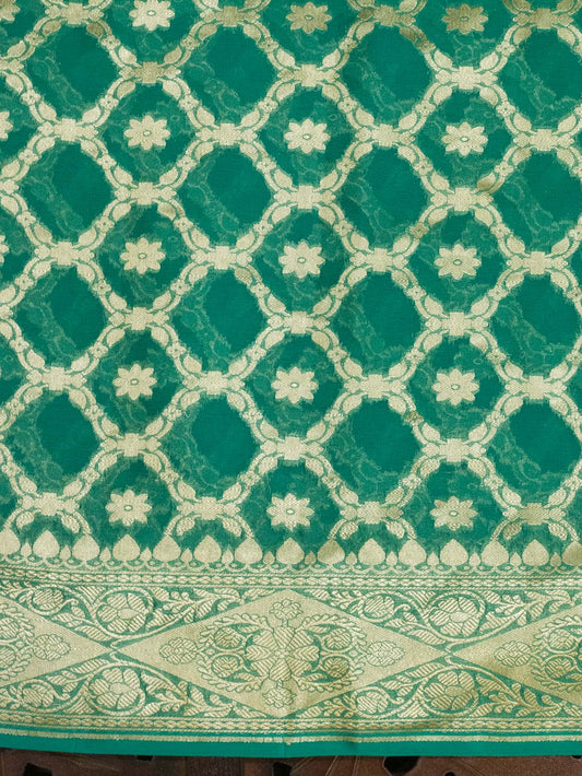 Emerald Green Pure Khaddi Georgette Silk Saree with Water Reshmi Zari Weaving